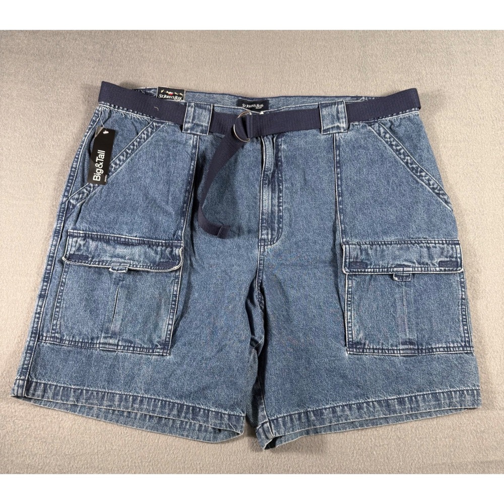 St Johns Bay Mens 46 Denim Cargo Hiking Shorts Belted Utility Light Wash NWT